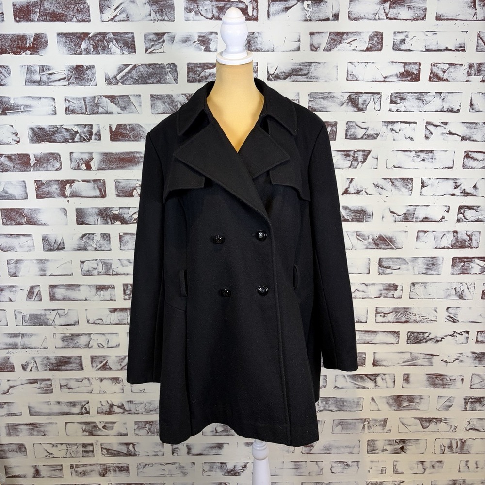 Via Spiga Woman's Wool Blend Pea Coat Size 16W Black Double-Breasted Classic